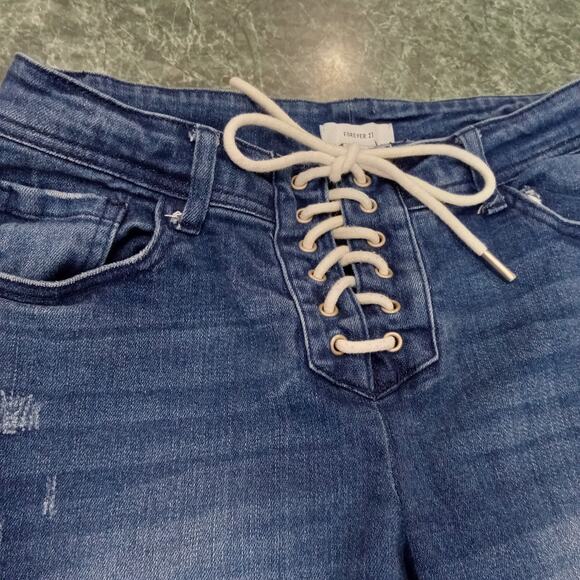 Forever 21 Lace Up Mid Rise Flare Leg Blue Denim Jeans Size 28 Rocker Y2k Vibes - Picture 6 of 12